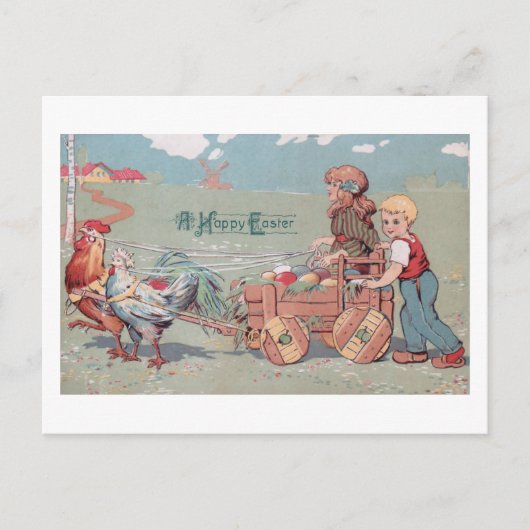 かわいいヴィンテージファームの子供たちイースター卵カート シーズンポストカード (正面)