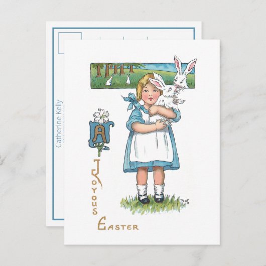 かわいいヴィンテージファームガールとイースターバニー ポストカード (正面/裏面)