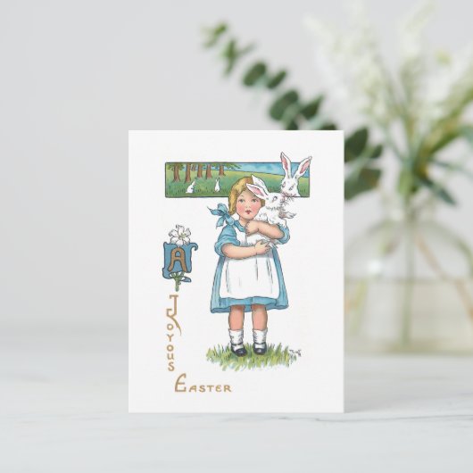 かわいいヴィンテージファームガールとイースターバニー ポストカード (スタンド正面)