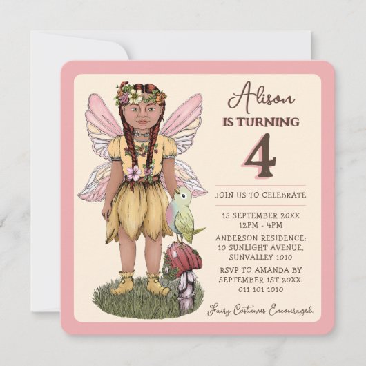 かわいいヴィンテージフェアリー4歳の誕生日パーティー 招待状 (正面)