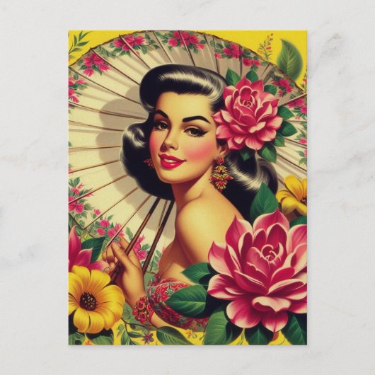 かわいいヴィンテージフローラガール ポストカード (正面)