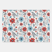 かわいいヴィンテージブルーと赤い花 ラッピングペーパーシート (正面3)