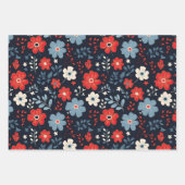 かわいいヴィンテージブルーと赤い花 ラッピングペーパーシート (正面2)