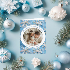 かわいいヴィンテージブルースノーフレークのクリスマスフォト シーズンカード