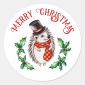 かわいいヴィンテージヘッジホッグウォーターカラーウィンターホリデー ラウンドシール (正面)