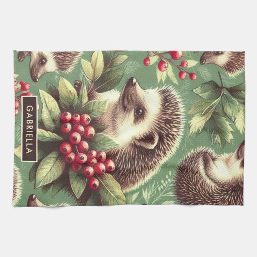 かわいいヴィンテージヘッジホッグパターン キッチンタオル (横)