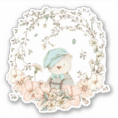 かわいいヴィンテージベアーボタニカル花模様男の赤ちゃん シール (正面)