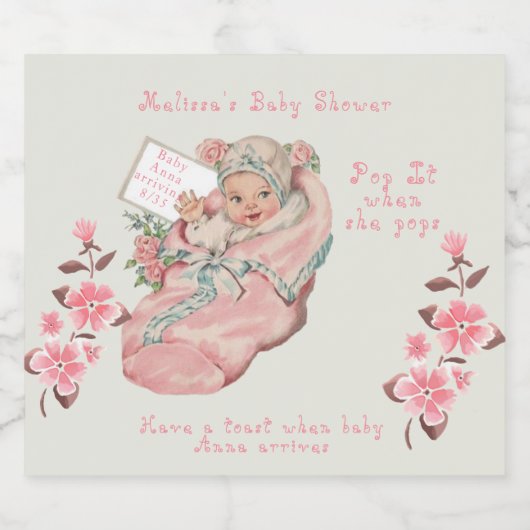 かわいいヴィンテージベビーガールピンクブーティベビーシャワー スパークリングワインラベル (シングルラベル)