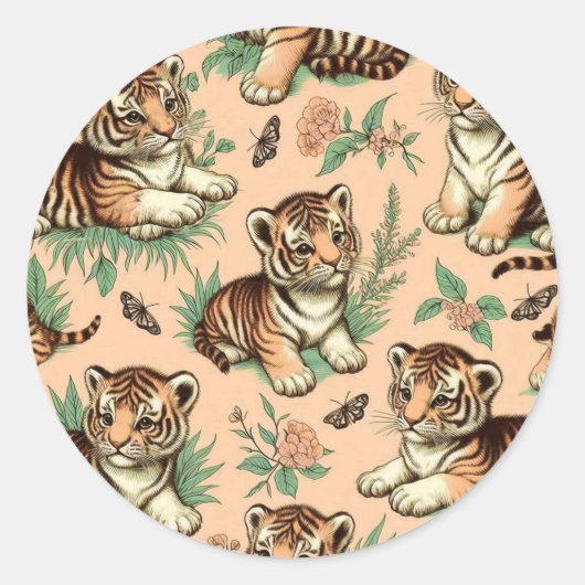 かわいいヴィンテージベビータイガーパターン ラウンドシール (正面)