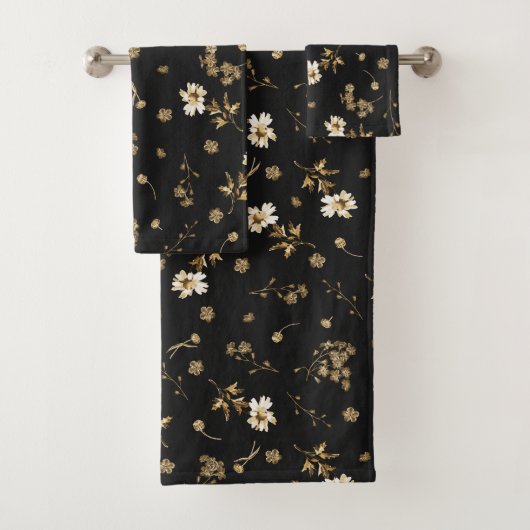 かわいいヴィンテージベージュのワイルドフラワーオンブラック バスタオルセット (インサイチュ)