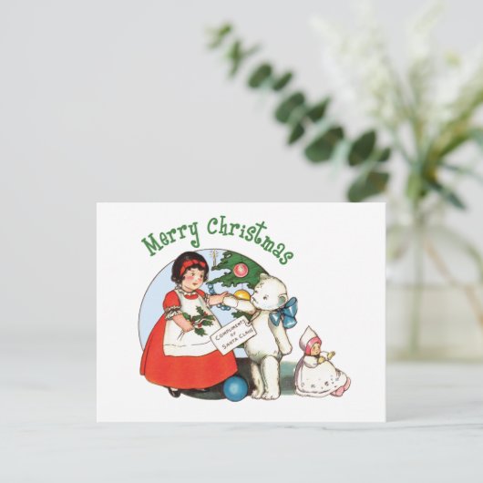 かわいいヴィンテージホワイトテディベアホリデーハガキ シーズンポストカード (スタンド正面)