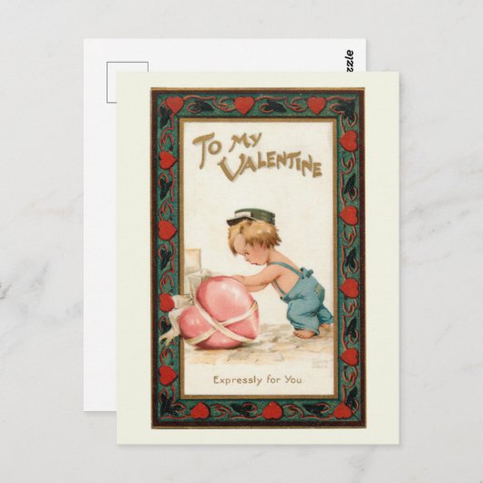 かわいいヴィンテージボーイとバレンタインハート ポストカード (正面/裏面)