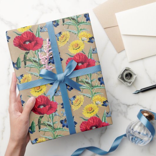 かわいいヴィンテージポピーデイジーフローラクラフト ラッピングペーパー (ギフト)