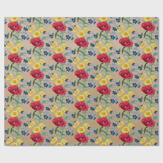 かわいいヴィンテージポピーデイジーフローラクラフト ラッピングペーパー (フラット)