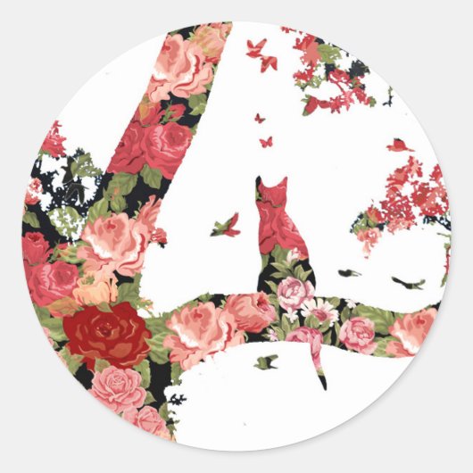 かわいいヴィンテージミニマル猫と鳥のステッカー ラウンドシール (正面)