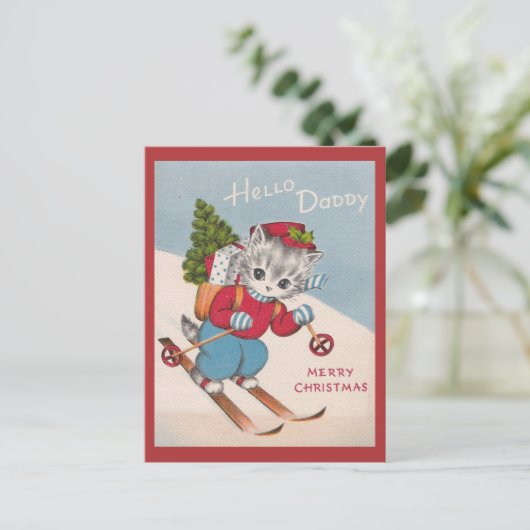 かわいいヴィンテージメリークリスマスパパスキー猫 ポストカード (スタンド正面)