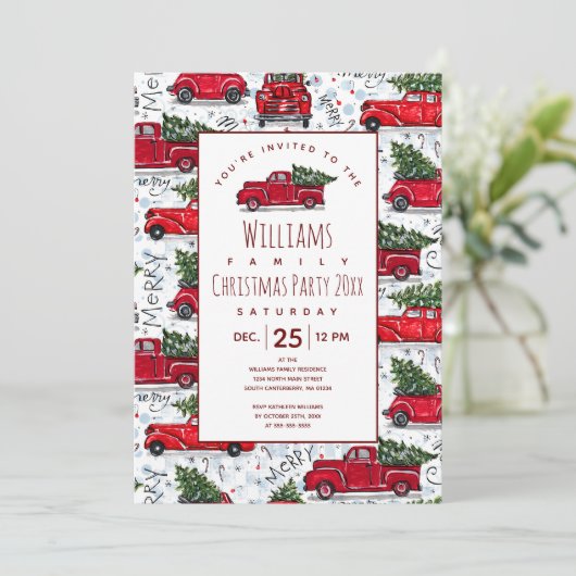 かわいいヴィンテージレッドトラッククリスマス招待状 招待状 (スタンド正面)
