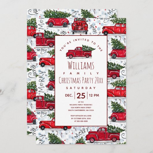 かわいいヴィンテージレッドトラッククリスマス招待状 招待状 (正面/裏面)