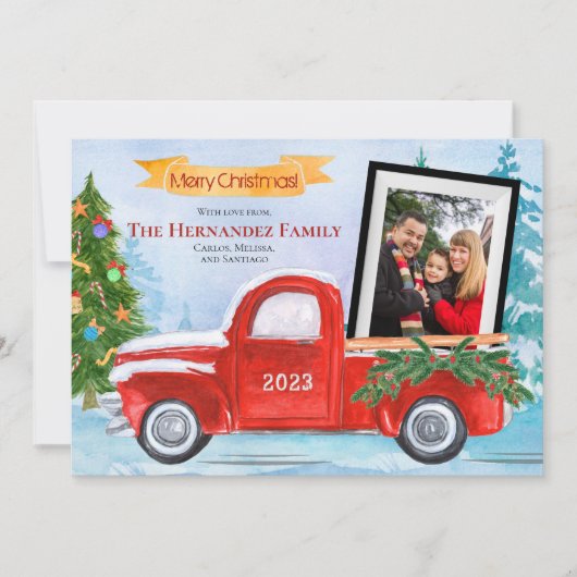 かわいいヴィンテージレッドトラックファミリー2写真クリスマス シーズンカード (正面)