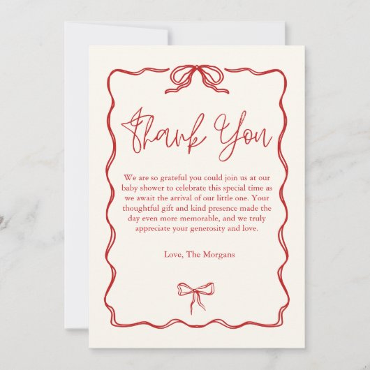 かわいいヴィンテージレッドボウベイビーシャワー サンキューカード (正面)