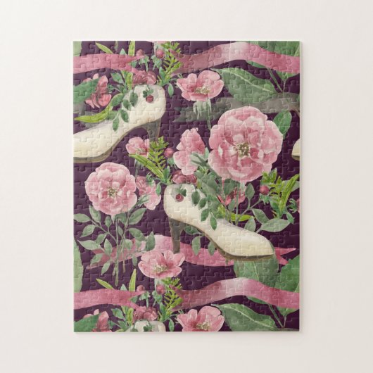 かわいいヴィンテージレディファッションハイヒールシューズ、バラ ジグソーパズル (縦)