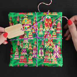 かわいいヴィンテージレトロカラフルベルクリスマスグリーン ラッピングペーパー