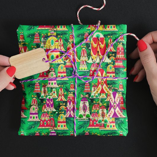 かわいいヴィンテージレトロカラフルベルクリスマスグリーン ラッピングペーパー