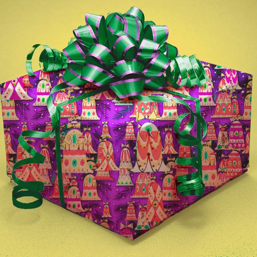 かわいいヴィンテージレトロカラフルベルクリスマスパープル ラッピングペーパー