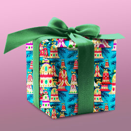 かわいいヴィンテージレトロカラフルベルクリスマスブルー ラッピングペーパー