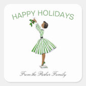 かわいいヴィンテージレトロクリスマスガールinドレス スクエアシール (正面)