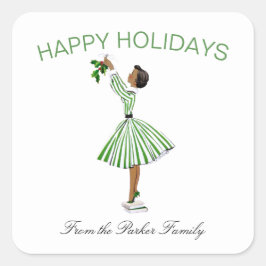 かわいいヴィンテージレトロクリスマスガールinドレス スクエアシール