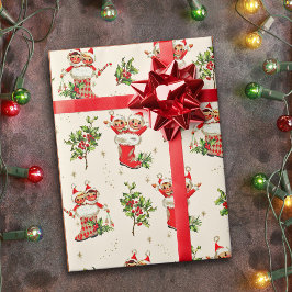 かわいいヴィンテージレトロクリスマスレッドグリーン小妖精や小人 ラッピングペーパー