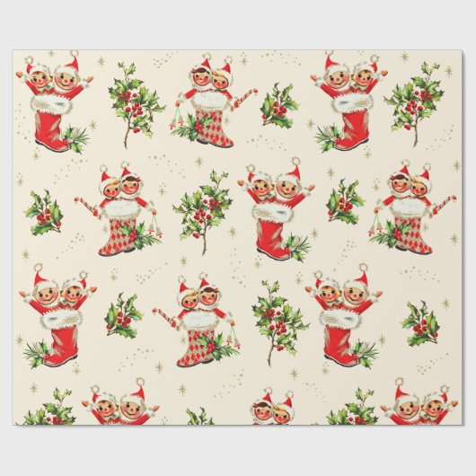 かわいいヴィンテージレトロクリスマスレッドグリーン小妖精や小人 ラッピングペーパー (フラット)