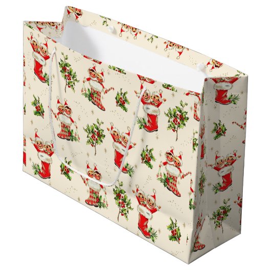 かわいいヴィンテージレトロクリスマスレッドグリーン小妖精や小人 ラージペーパーバッグ (正面アングル)