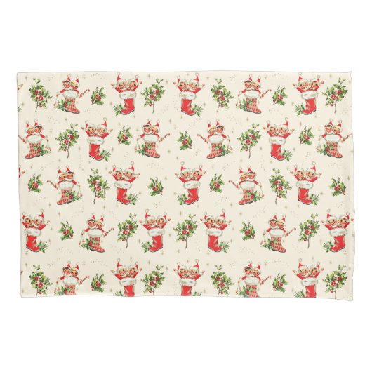 かわいいヴィンテージレトロクリスマスレッドグリーン小妖精や小人 枕カバー (正面)