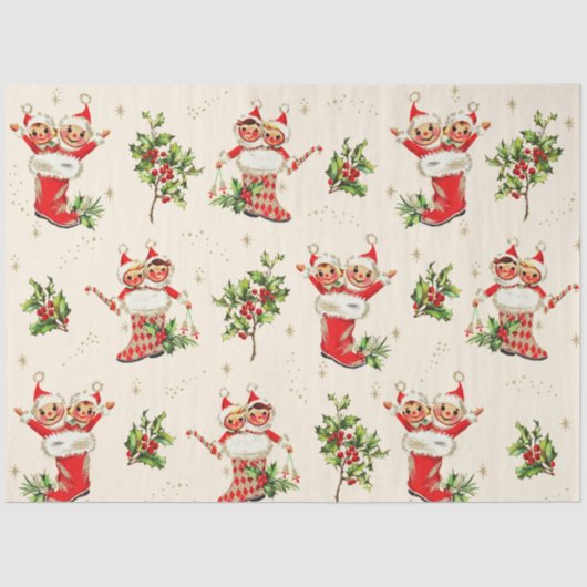 かわいいヴィンテージレトロクリスマスレッドグリーン小妖精や小人 薄葉紙 (正面)
