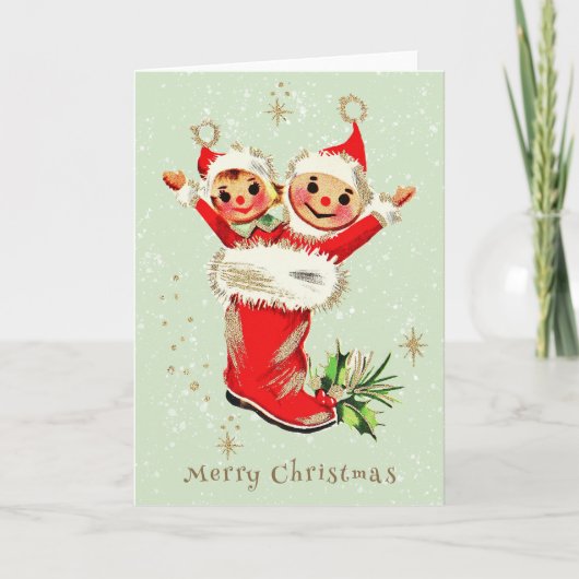 かわいいヴィンテージレトロクリスマス小妖精や小人セージグリーン カード (正面)