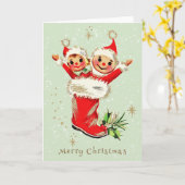 かわいいヴィンテージレトロクリスマス小妖精や小人セージグリーン カード (黄色い花)