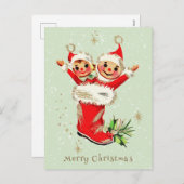 かわいいヴィンテージレトロクリスマス小妖精や小人セージグリーン シーズンポストカード (正面/裏面)