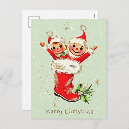 かわいいヴィンテージレトロクリスマス小妖精や小人セージグリーン シーズンポストカード (正面/裏面)