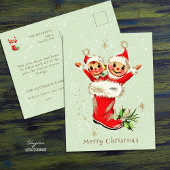 かわいいヴィンテージレトロクリスマス小妖精や小人セージグリーン ポストカード