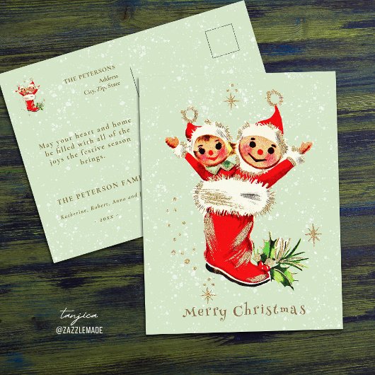 かわいいヴィンテージレトロクリスマス小妖精や小人セージグリーン ポストカード