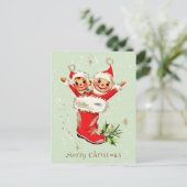 かわいいヴィンテージレトロクリスマス小妖精や小人セージグリーン ポストカード (スタンド正面)
