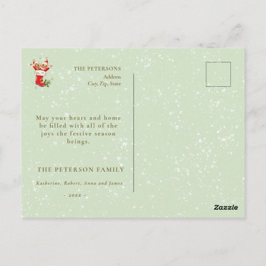かわいいヴィンテージレトロクリスマス小妖精や小人セージグリーン ポストカード (裏面)