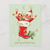 かわいいヴィンテージレトロクリスマス小妖精や小人セージグリーン ポストカード (正面)