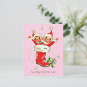 かわいいヴィンテージレトロクリスマス小妖精や小人ピンク ポストカード (スタンド正面)