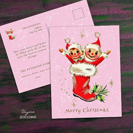 かわいいヴィンテージレトロクリスマス小妖精や小人ピンク ポストカード