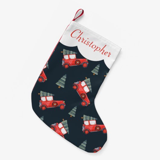 かわいいヴィンテージレトロレッドカーズボーイズ スモールクリスマスストッキング (正面 (吊り時))