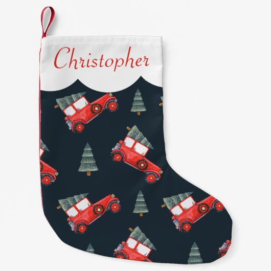 かわいいヴィンテージレトロレッドカーズボーイズ スモールクリスマスストッキング (正面)