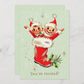 かわいいヴィンテージレトロ小妖精や小人セージクリスマスパーティー 招待状 (正面/裏面)